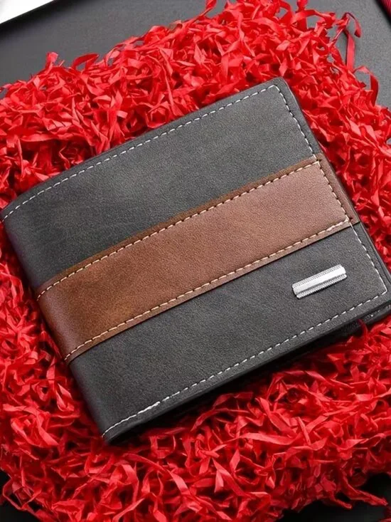 Menโs Bifold Wallet Black Brown Stripe Slim RFID Card Holder - Picture 4 of 8